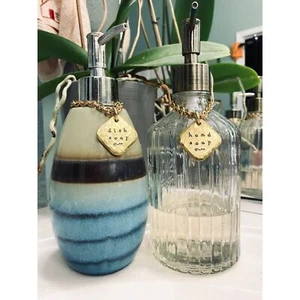 THICK Dish & Hand Soap Dispenser Labels Hand-Stamped Lotion Mouthwash Gold Brass - Picture 1 of 9