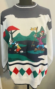 VINTAGE Disney Store Mickey Goofy #9 Knit Embroidered Graphic Golf Sweater 90s L - Picture 1 of 5
