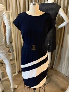 Studio I blau weiß gestreift leicht Stretch Etui Business Gürtel Kleid Gr. 10 Neu mit Etikett - Bild 1 von 10