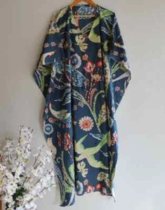 Mujeres Algodón Azul Verano Ropa para Dormir Playa Cubierta Pájaro Estampado Largo Caftán Vestido - Imagen 1 de 6