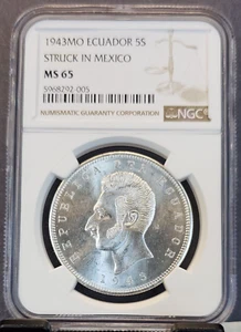 1943 Mo ECUADOR SILVER 5 SUCRES STRUCK IN MEXICO NGC MS 65 GEM BU BEAUTIFUL COIN - Picture 1 of 3