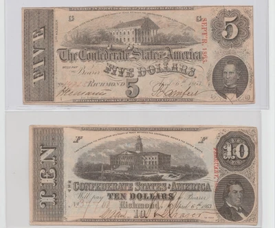 1863 $5 & $10 Confederate State of America Notes, CS-60 & CS-59 - Ungraded - Image 1 of 2