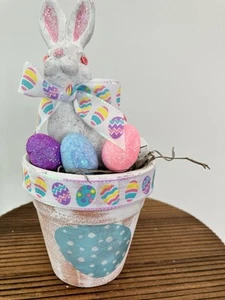 Easter Vintage Bunny In A Pot Handmade Vintage Style Tier Tray Shelf Decor - Picture 1 of 6