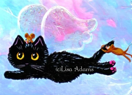 Christmas Angel Black Cat Art ACEO Print of Painting Mouse Creationarts - Image 1 of 1