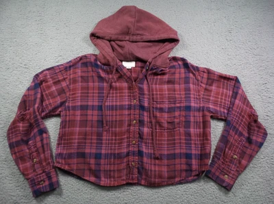 American Eagle Top Womens Size Small Red Cropped Hooded Flannel Shirt Button Up - Image 1 of 4
