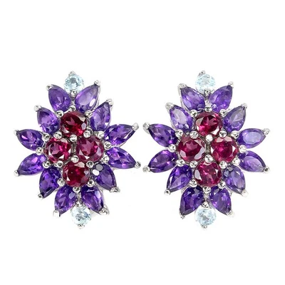 925 Orecchini Argento Sterling Rotondo Rodolite Acquamarina Ametista Gemma - Immagine 1 di 4