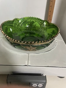 CO-OPERATIVE FLINT GLASS LA FRANCE 9" Bowl GREEN WITH GOLD ROSE 1909 - Picture 1 of 4