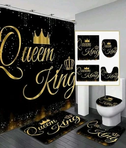 Neu 4tlg Queen King Home Duschvorhang Set Bad Matte Teppich WC Deckel Abdeckung - Bild 1 von 5