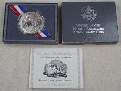 1991-P Mount Rushmore Silver Dollar US Mint Unc Commemorative $1 OGP Box COA - Image 1 of 4