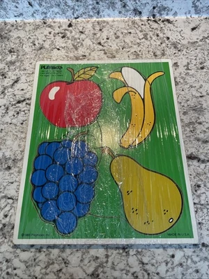 Rompecabezas bandeja madera vintage 1985 Playskool frutas favoritas 4 piezas manzana uva plátano Foto 1 de 4
