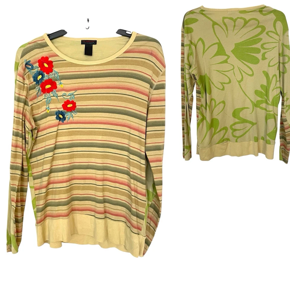 Blusa de algodão vintage Custo Barcelona bordada listra floral geo boho Y2K tamanho 3 bronzeada - Imagem 1 de 4