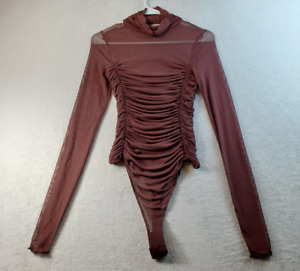 Free People Bodysuit Womens Small Brown Long Sleeve Cowl Neck Pleated Pull On