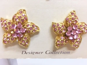 New Onyx Designer Collection Gold Tone & Pink Pave Crystal Flower CLIP EARRINGS - Picture 1 of 1