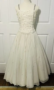Vintage 1950's/60s Full Skirt White Chiffon Party Formal Dress Rhinestone Straps - Picture 1 of 13
