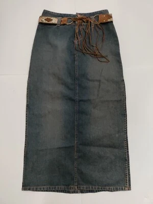 No Boundaries Dark Blue Long Denim Skirt With Floral Faux Leather Belt Size 7 Jr - Image 1 of 4