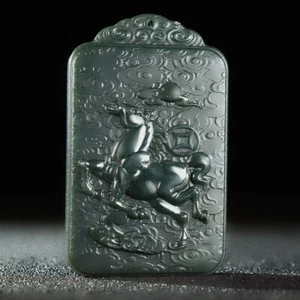 Chinese Hetian Gray Jade Hand Carving Animal 12 Zodiac Fine Horse Pendant - Picture 1 of 6