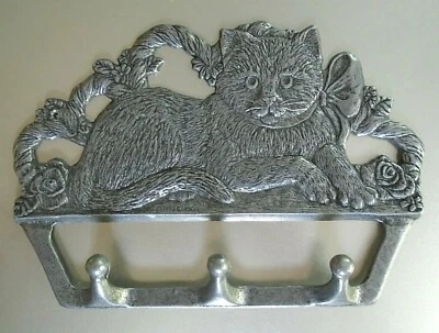 Organizador colgador de abrigo vintage Carson tono plata gatito gato pared 3 ganchos 1993 Foto 1 de 4