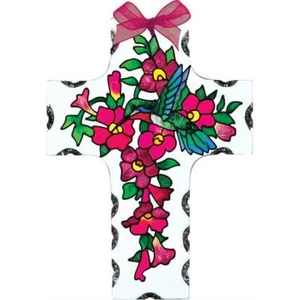Joan Baker hand painted glass art Cross Suncatcher-SX2504-Hummingbird new item - Picture 1 of 1