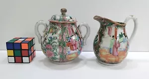 Antike chinesische Famille Rose Medaillon Zuckerglas Schüssel und Milchkrug Krug - Bild 1 von 18