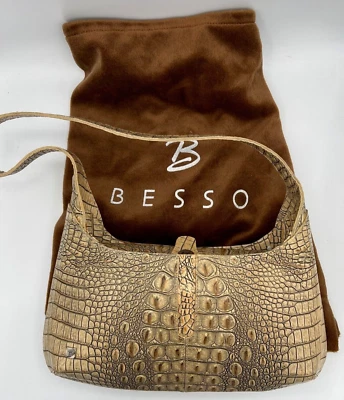 减少 - Besso Croc 压花挎包棕褐色带防尘罩 12.5" X 7 — 第 1/4 张图片