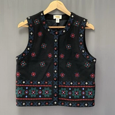 Talbots Christmas Embroidered Wool Blend Vest Vintage Small Black Holiday Snow - Image 1 of 4