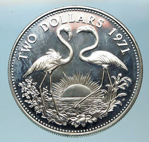1971 Die Bahamas SILBER 2 Dollar große Münze Elizabeth II FLAMINGO Vögel i83807