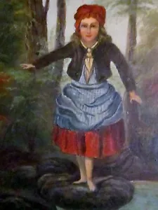 Folk Art Oil Painting on Metal Girl Maiden Forest Stepping on Rocks Whimsey - Picture 1 of 10