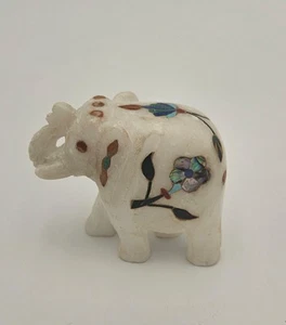 Marble Elephant Sculpture With Floral Gemstone Inlay - Picture 1 of 7