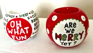 PAIR LORRIE VEASEY  3" ROUND CERAMIC CHRISTMAS TEALIGHT VOTIVE HOLDERS - Picture 1 of 9