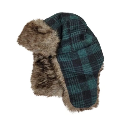 NYC Underground Plaid Winter Hat Green Black Faux Fur Trapper Style OS Warm Cozy - Image 1 of 4