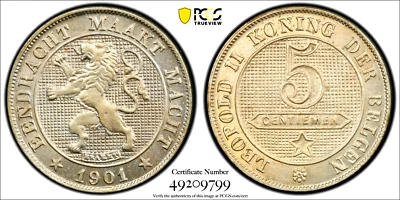 1901 Belgium 5 Centimes, Dutch Text DER BELGEN, PCGS MS 64, KM-45 - Image 1 of 2