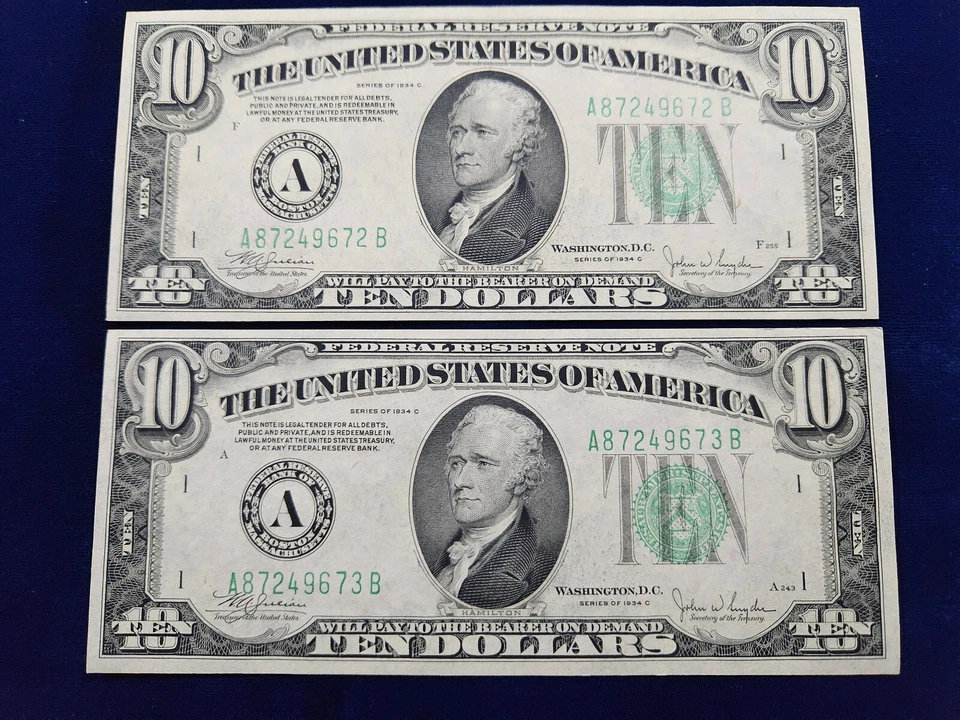 🌟(2) FR#2008-A $10 1934-C Federal Reserve Note BOSTON UNC SEQUENTIAL SERIAL# - Image 1 of 4