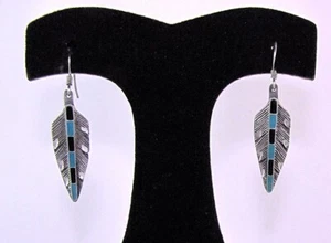 Siskiyou Onyx Turquoise Earrings Vintage Feathers Drop Dangle Pewter Western - Picture 1 of 3