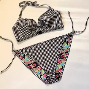 Freya Gingham Halter Two Piece Swimsuit Set Swim Top 32F Bottom L Beach Vacation - Picture 1 of 9