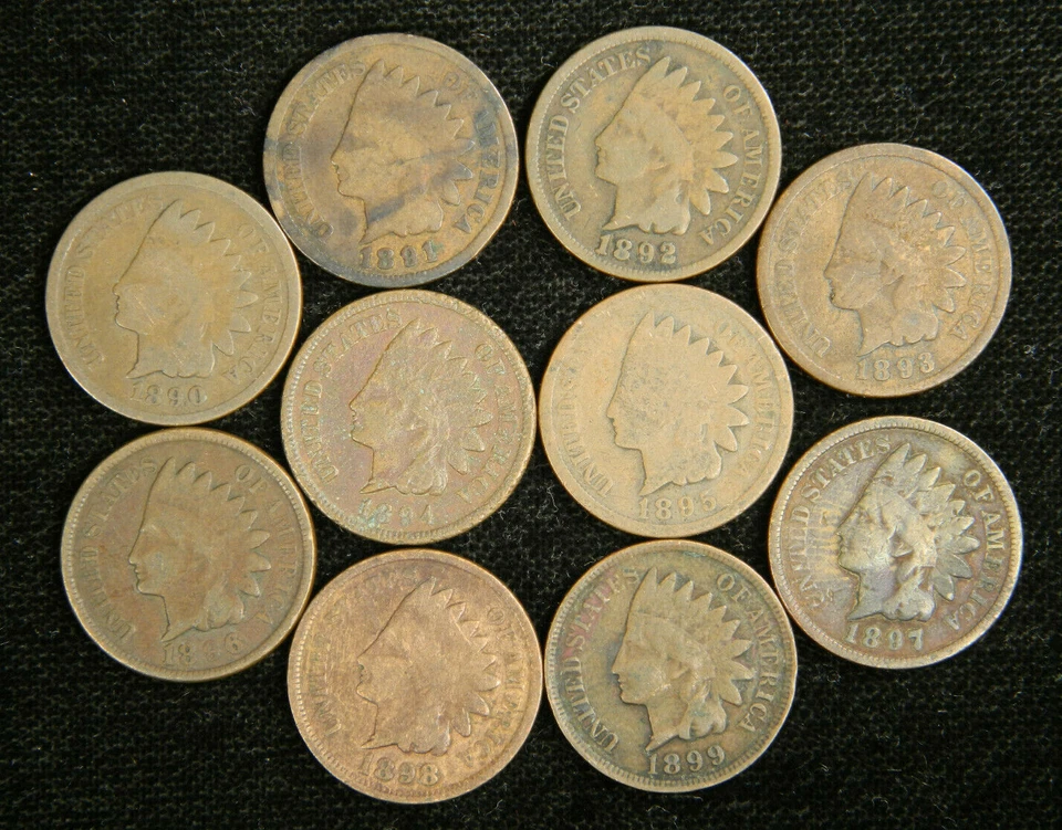 1890-1899 1c Indian Head Cent Penny Set Lot , All 10 Coins , Circulated - Image 1 of 1