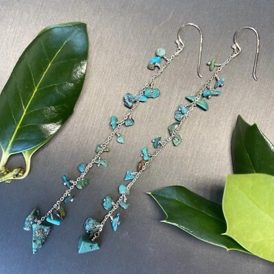 Pendientes Vintage Plata de Ley Azul Turquesa Chip Suroeste Inusual 4.75" Foto 1 de 4