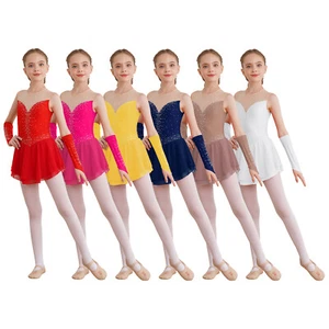 Kids Girls Skating Dress Keyhole Back Dresses Sheer Outfits Set Costume Modern - Picture 1 of 60