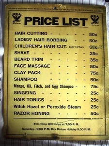 Vintage 1930's Union Barbershop Price List 50 Cent Cut Sign - Bild 1 von 10