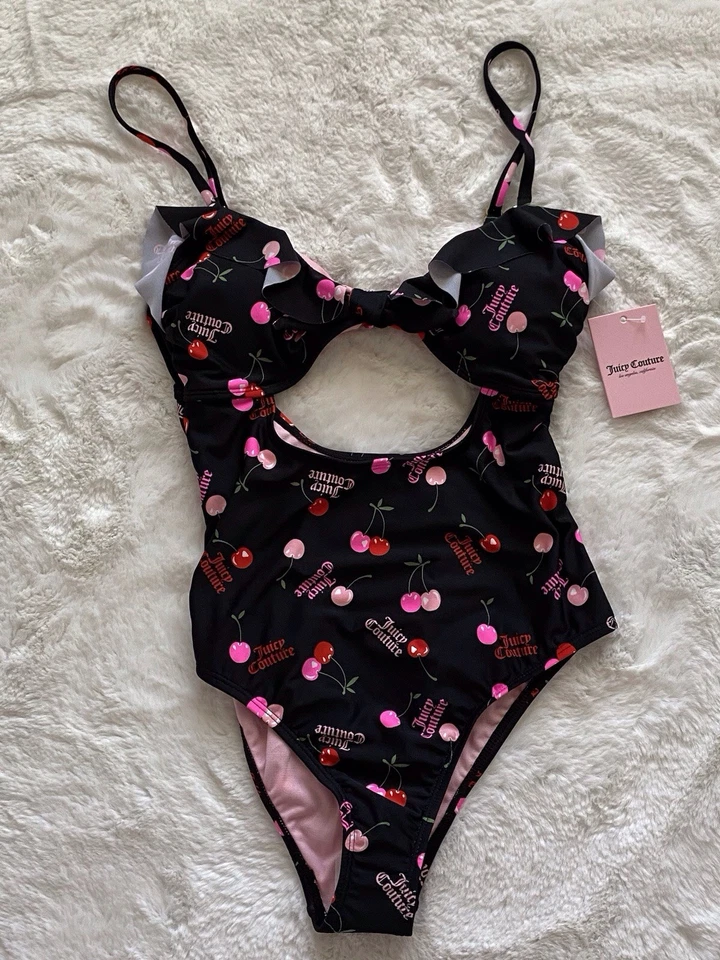 Traje de baño Juicy Couture con volantes recortados de una pieza forrado logotipo de cereza talla M NUEVO Foto 1 de 4