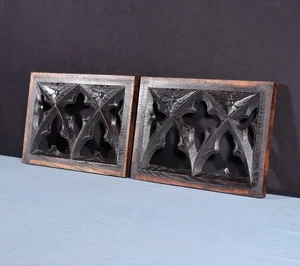 Antique Pair of French Gothic Revival Panels Solid Chestnut Wood Highly Carved - Picture 1 of 13
