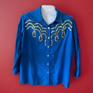 Bob Mackie Wearable Art Cotton Blend Blouse Top  Cockney Button Motif Size 1X - Picture 1 of 6