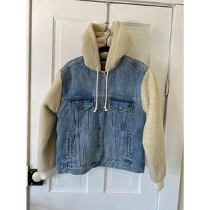 Levi’s Ex-Boyfriend Sherpa Hooded Trucker Jacket Womens large jean denim hidden - Picture 1 of 7