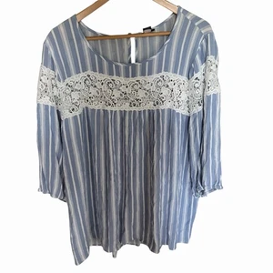 Torrid Damen Bluse Größe 3 Blau Weiß Streifen Gaze Häkelborte 3/4 Ärmel - Bild 1 von 7
