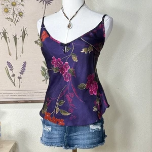 Top Cami de satén floral púrpura vintage años 90 Y2k caprichoso hada romántica M L - Imagen 1 de 4