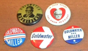 5 Vintage BARRY GOLDWATER Political Campaign Buttons, Goldwater & Miller - Picture 1 of 2