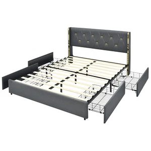 Full Upholstered Bed Frame w/ 4 Rolling Drawers & High Headboard & Legs - Picture 1 of 9