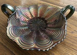 Fenton Peacock Tail Green Carnival Two Handle Nappy - Picture 1 of 4