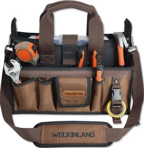 WELKINLAND 20Pockets Tool tote, Electrician tool bag, HVAC Black/Brown - Picture 1 of 9