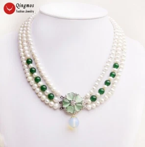 White Round 6mm Natural Pearl Necklace for Women Green Jade 3 Strands Choker 18" - Picture 1 of 8