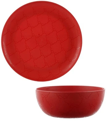 Christmas Plastic Dinner Plates & Cereal Bowls Set of 4 Each, Red Ribbon Etched - Image 1 of 4
